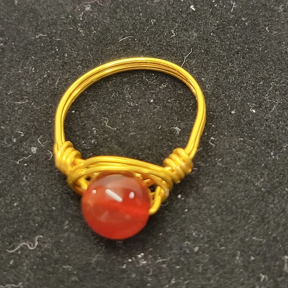 Gold Wire Wrapped Natural Carnelian Bead Ring - Picture 7 of 10